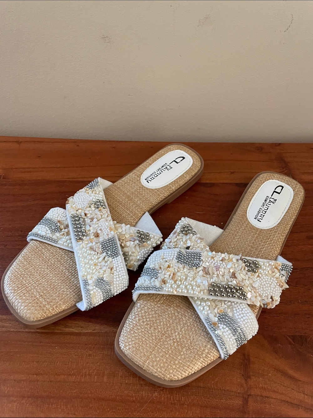 Cl by chines laundry white beaded slide sandals